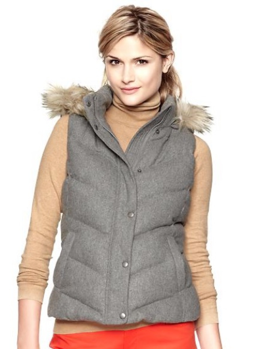 Wool Blend GAP Women's Quilted Layering Vest in Gray with Faux-Fur Hood Size M